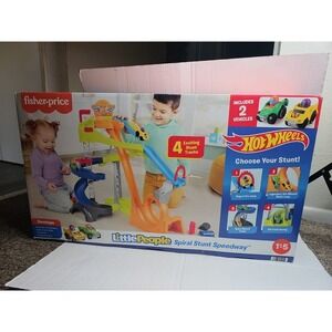 Little People Hot Wheels Spiral Stunt Speedway Race Track Playset, 2 Toy Cars, C